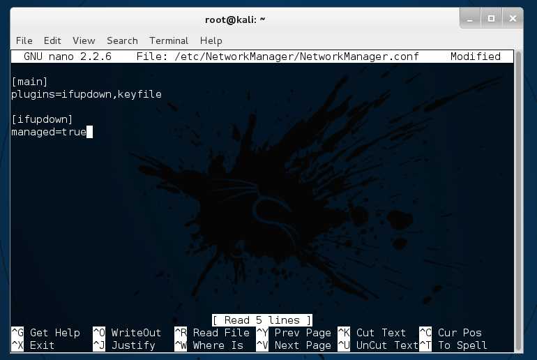 NetworkManager configuration file showing managed=true